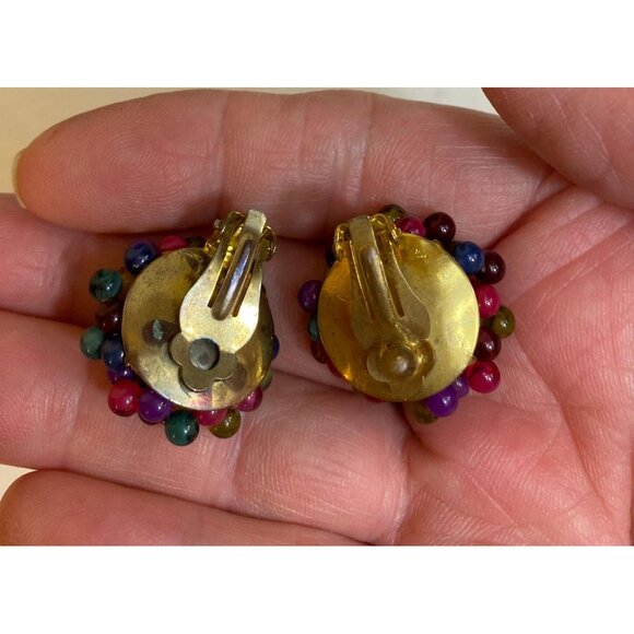 Mid-Century Cluster Earrings - Multi jewel tones w/ gold hexagon - Picture 4 of 6
